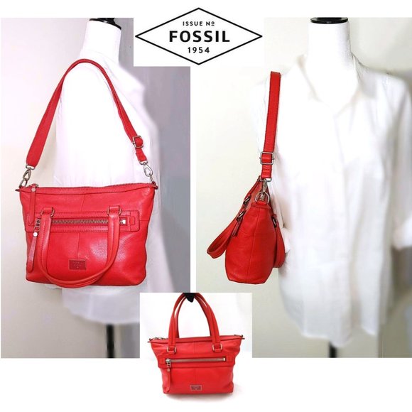 FOSSIL Issue No. 1954 Orange Red Cow Hide Leather Crossbody Satchel Shoulder Bag - Picture 4 of 13